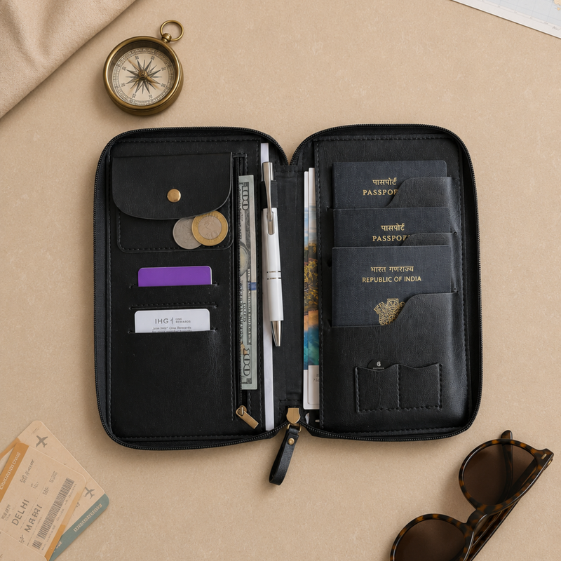 Black Zipper Travel Folder (Holds upto 3 Passports)
