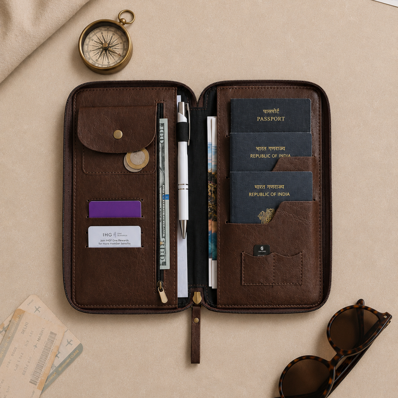 Dark Brown Zipper Folder (Holds upto 3 Passports)
